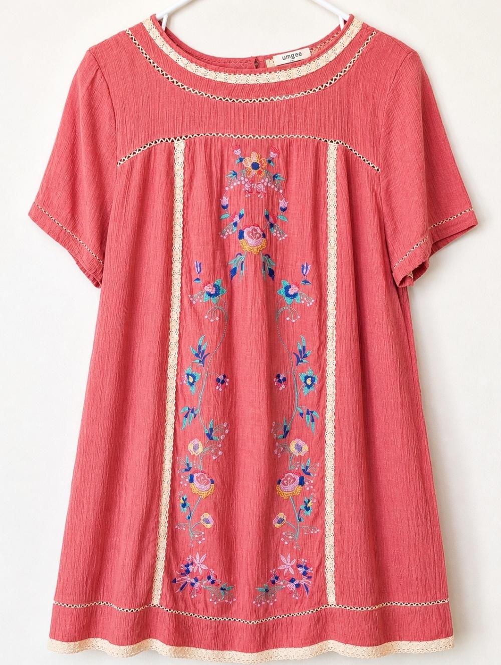 Umgee Dusty Rose Embroidered Crochet Trim Boho Dress Size Large